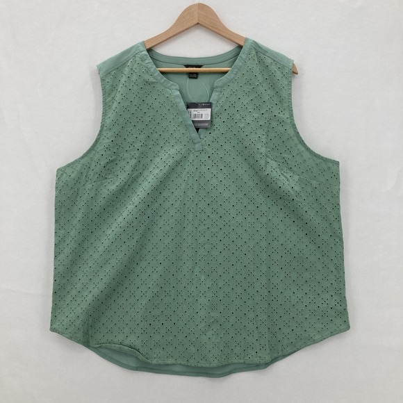 Eddie Bauer Eyelet Mix Top Womens 2XL Green Sleeveless Blouse Hiking Travel NWT - Picture 1 of 14